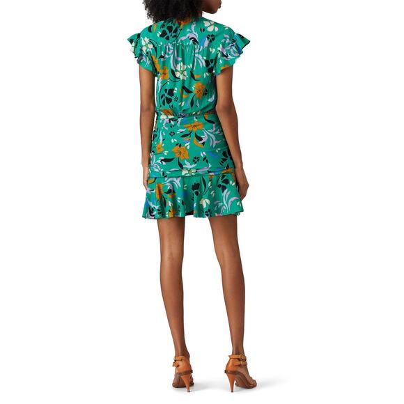 VERONICA BEARD Green Floral Printed Silk Ruched Ruffled Maria Dress Size 4 - Picture 3 of 16